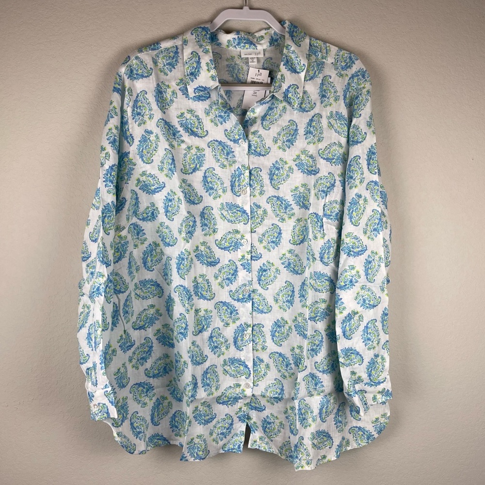 J. Jill White Button-Up Shirt with Blue and Green Paisley Print